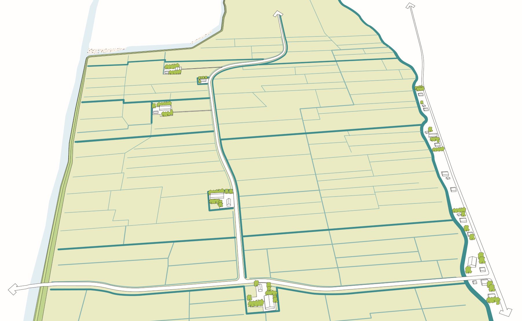 Illustratie landschap met hoogwatersloten asymmetrisch langs de weg en met zoveel mogelijk één peil